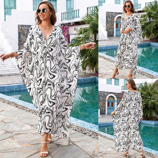 Color-Multi-3-Printed Loose Robe Vacation Maxi Dress Women Beach Jacket Beach Cover Up-Fancey Boutique