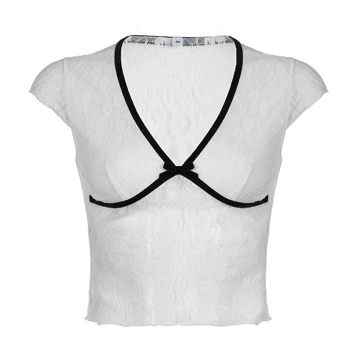 Color-Fresh Girl Lace Bow Stitching Sexy V neck See through Contrast Color Fit Flying Sleeves T shirt-Fancey Boutique