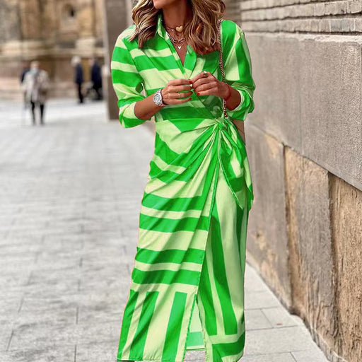 Color-Green-Women Clothing New Fashionable Print Shirt Collar Lacing Mid-Length Striped Dress-Fancey Boutique