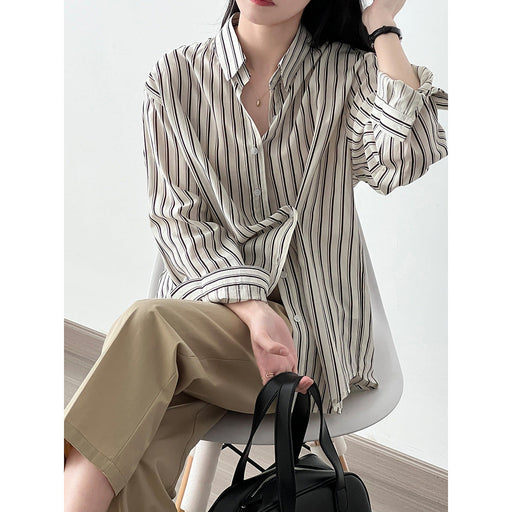 Color-French Vertical Striped Shirt Women Autumn Niche Long Sleeve Shirt-Fancey Boutique