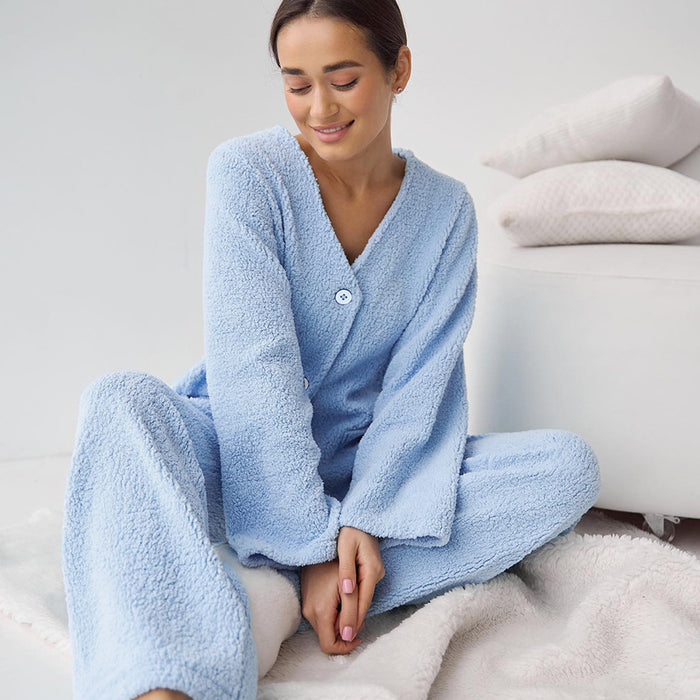 Color-Blue Woolen Comfortable Warm Long Sleeves Pajamas Two Piece Set Exclusive for Ladies Homewear-Fancey Boutique