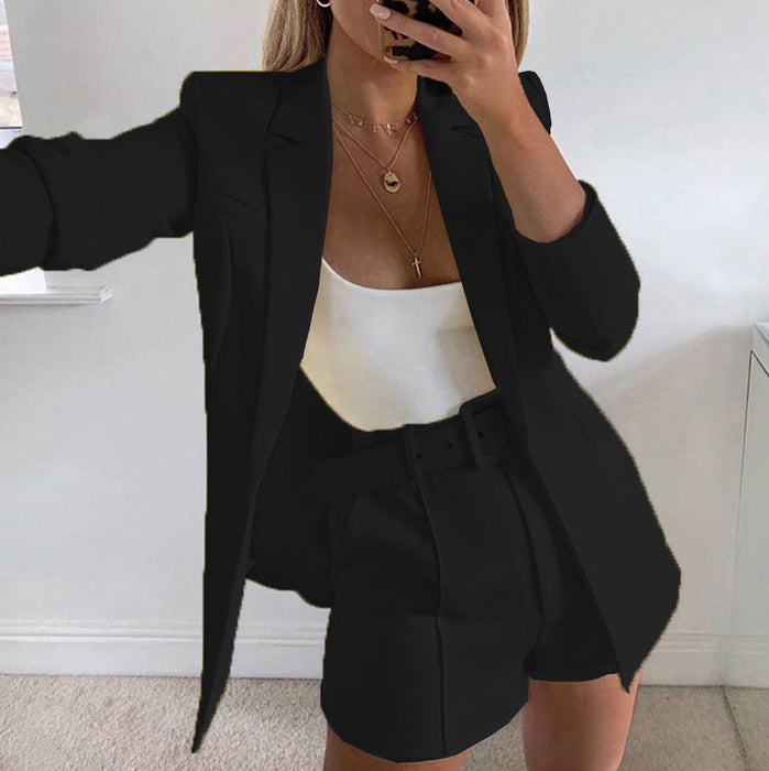 Color-Black Suit-Top Shorts Suit with belt Sexy Women Casual Polo Collar Cardigan-Fancey Boutique