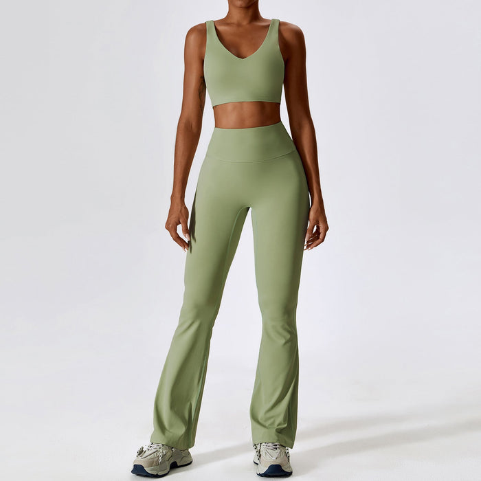 Color-Bra Trousers Bean Green-Autumn Shockproof Nude Feel Yoga Suit Quick Drying Tight Fitness Suit Casual Sports Suit Women Clothing-Fancey Boutique