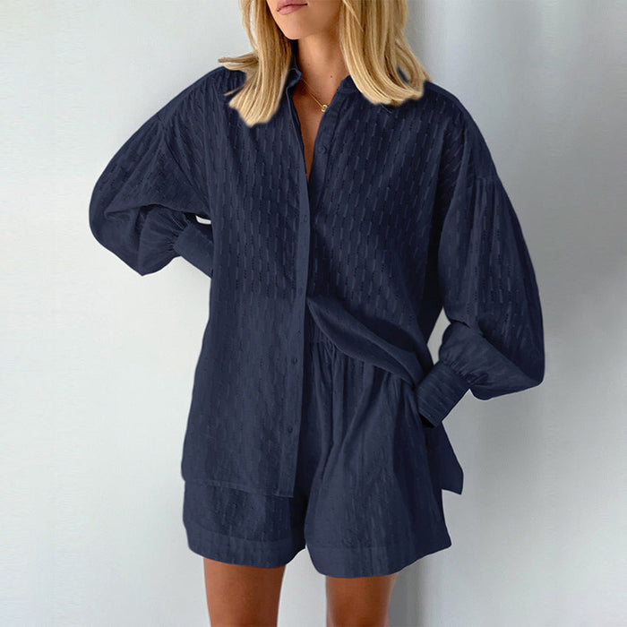 Color-Navy Blue-Summer French White Jacquard Cotton Puff Sleeve Casual Shorts Suit Ladies Homewear Cool Pajamas-Fancey Boutique