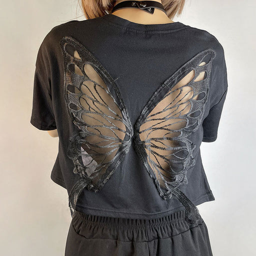 Color-Black Lace Butterfly Exposed Cropped Short T-shirt Fashionable Loose Hollow Out Cutout Short Sleeve Top-Fancey Boutique