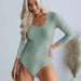 Color-Light Grayish Green-Autumn Thread Fitted Long Sleeve Tight Sexy Bodysuit Bottoming T Back One Piece Trousers-Fancey Boutique