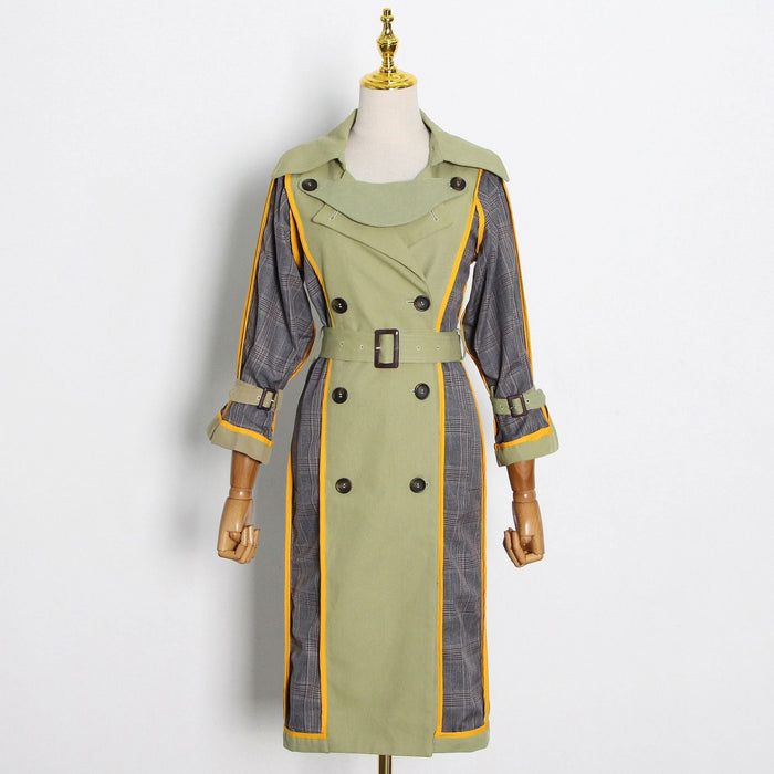 Color-Celebrity Trench Coat Autumn Personalized Double Breasted Plaid Stitching Mid Length Baggy Coat-Fancey Boutique