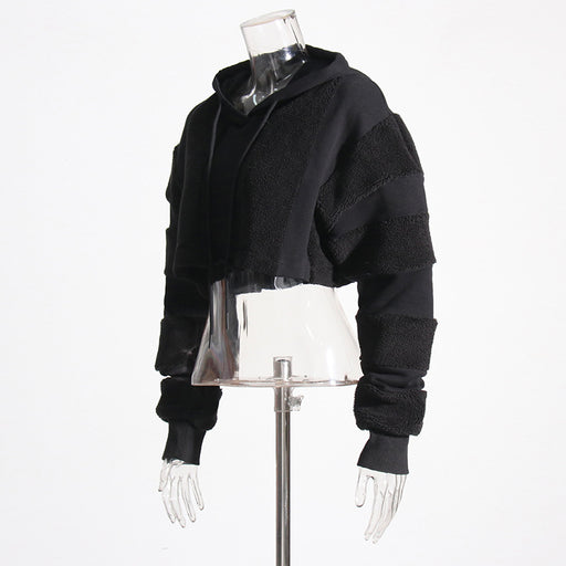Color-Black-Casual Sweater Autumn Niche Design Lamb Wool Short Stitching Hooded Top for Women-Fancey Boutique