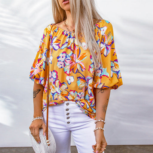 Color-Summer Printed Chiffon Shirt Women Casual Pullover round Neck Half Sleeve Top Women-Fancey Boutique