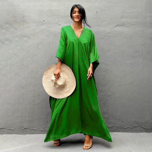 Color-Green-Rayon Solid Color Blouse Seaside Vacation Dress Loose Overclothes Bikini Swimsuit Robe Outer Wear Women-Fancey Boutique