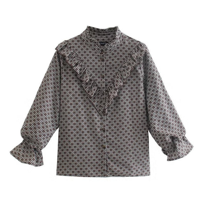 Color-GreyCoffe-Autumn Ruffled Printed Shirt round Neck Retro Casual Comfortable Top-Fancey Boutique