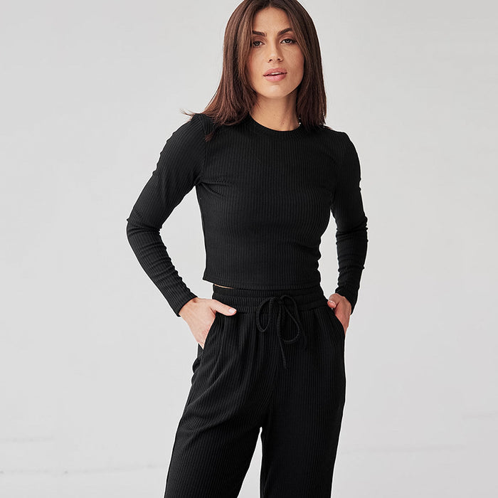Color-Comfortable Slim Knit Sunken Stripe Long Sleeved Trousers Autumn Pajamas Ladie Homewear Can Be Worn outside-Fancey Boutique