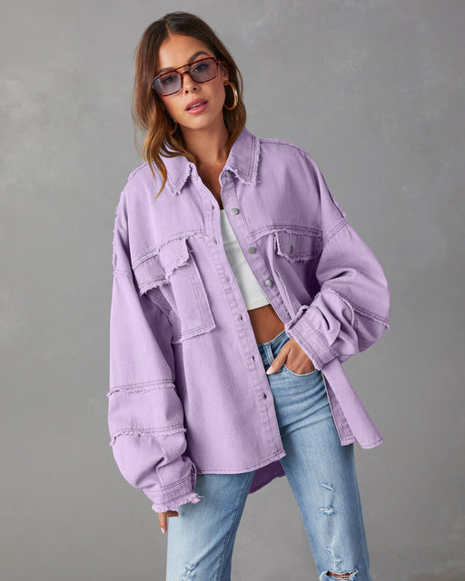 Color-violet-Casual Denim Jacket Autumn Washed Solid Color Mid Length Jacket-Fancey Boutique