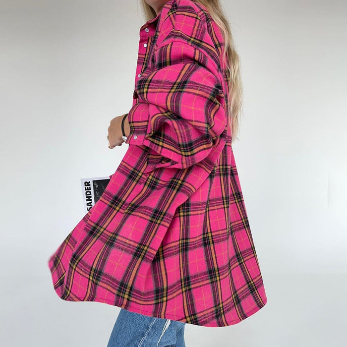 Color-Retro Classic Plaid Long Sleeved Shirt Early Spring Fashionable Outerwear Loose Shirt Women-Fancey Boutique