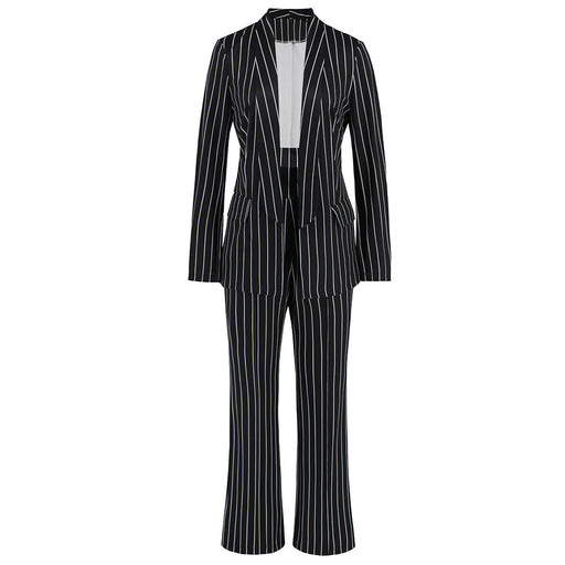 Color-Black-Autumn Winter Casual Striped Blazer Straight Wide Leg Pants Suit Two Piece Suit-Fancey Boutique