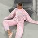 Color-Pink-Knitting Suit Autumn Winter Letter Graphic Printing Broken Contrast Color Sweater Ripped Ankle Banded Cropped Pants Two Piece Set-Fancey Boutique