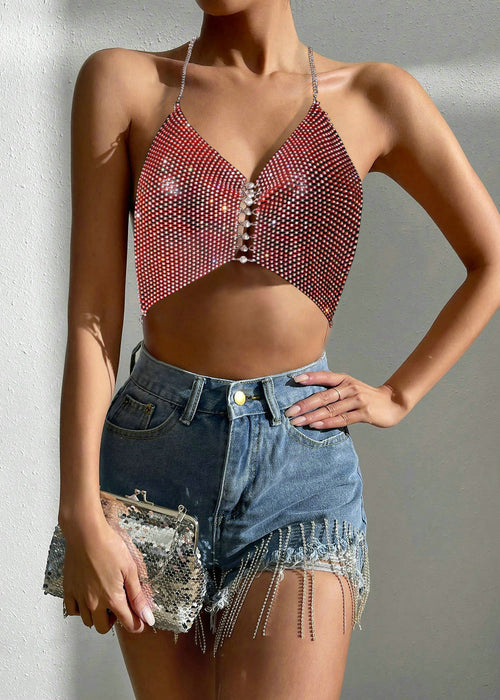 Color-Summer Inner Wear Slim Backless Fishnet Rhinestone Tassel Suspender Vest-Fancey Boutique