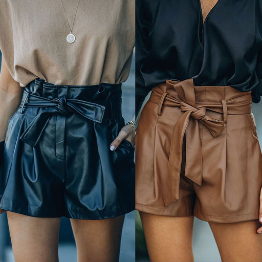 Color-Popular Women Clothing Casual Faux Leather Pants Leather Pants Including Belt Leather Shorts-Fancey Boutique