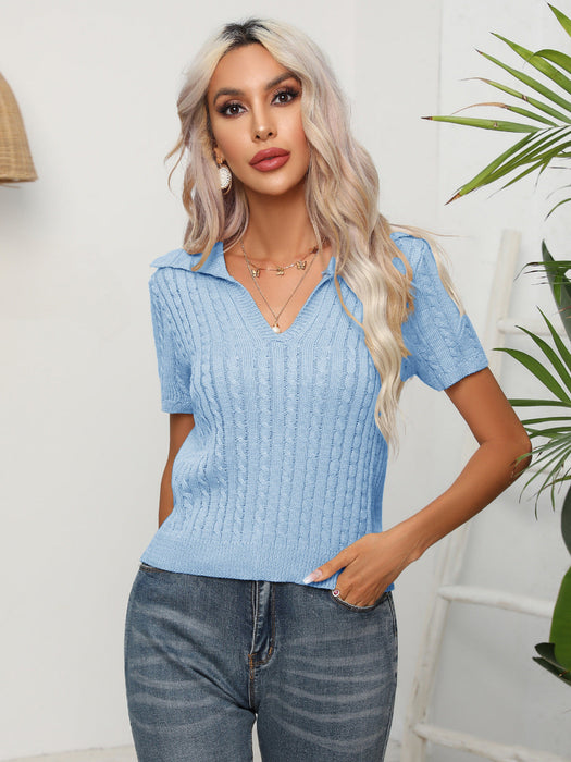 Color-Light Blue-Twist Collared Short Sleeved Sweater Women Twisted Short Top Summer Women Clothing-Fancey Boutique