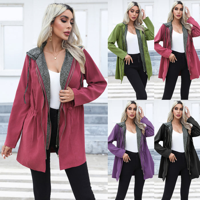 Color-Women Clothing Casual Waist Tight Double Zipper Contrast Color Coat Mid Length Long Sleeve Hood Windbreaker Explosion-Fancey Boutique