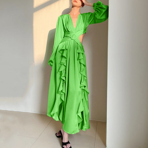 Color-Green Fresh Vacation Maxi Dress for Women Summer V neck Puff Sleeve Backless Lace up Maxi Dress-Fancey Boutique
