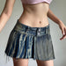 Color-Street Women Clothing Washed Do the Old Cowboy Miniskirt Sexy Low Waist Two Button Frayed Pleated Skirt-Fancey Boutique
