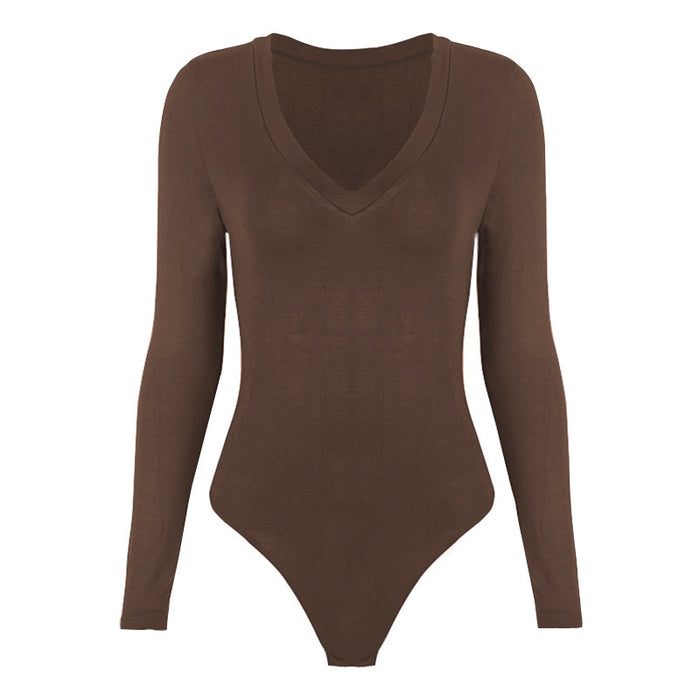 Color-Autumn Winter Bottoming Shirt Tight Sexy Women Clothing Modal Long Sleeve V-neck Bodysuit-Fancey Boutique