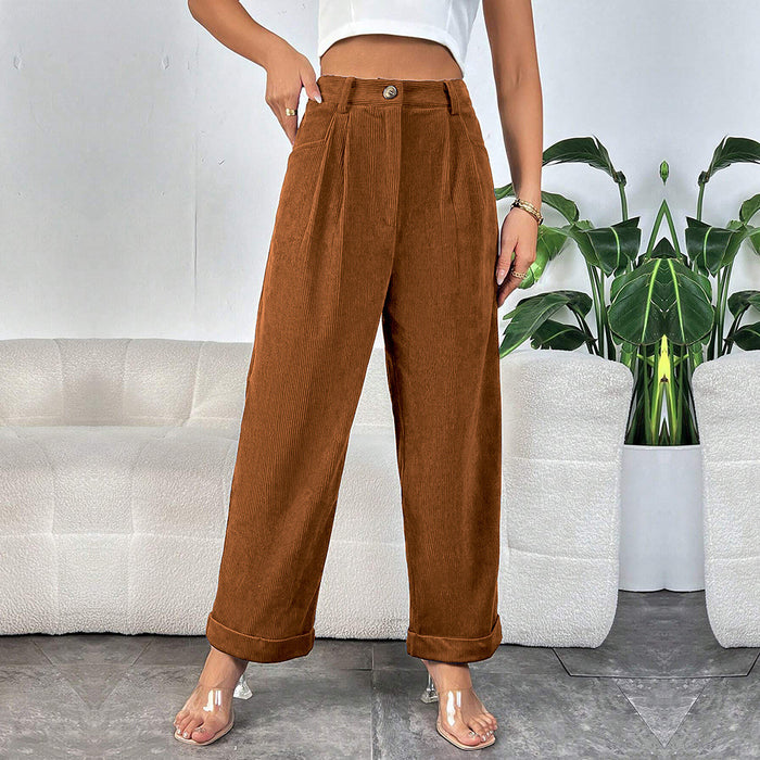 Color-Women Clothing High Waist Pocket Corduroy Casual Straight Leg Trousers-Fancey Boutique
