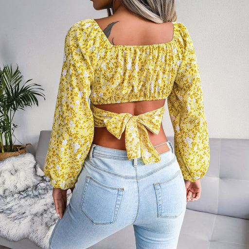 Color-Lantern Sleeve Bow Floral Chiffon Shirt Vacation Cropped Top Women Clothing-Fancey Boutique