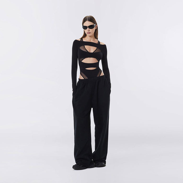 Color-Autumn Trend Women Long Sleeve Hollow Out Cutout Out Slim Fit Cropped Solid Color Jumpsuit-Fancey Boutique