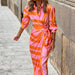 Color-Orange-Women Clothing New Fashionable Print Shirt Collar Lacing Mid-Length Striped Dress-Fancey Boutique