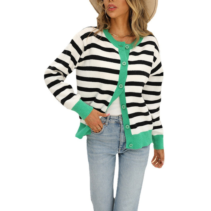 Color-Women Shirt Striped Cardigan Color Matching Button Knitted Sweater Women Coat Women-Fancey Boutique