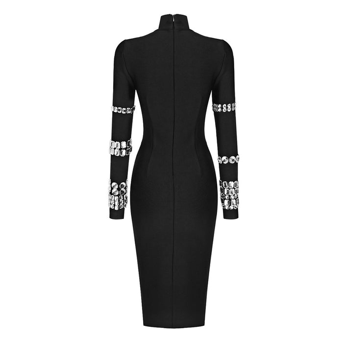 Color-Autumn Winter Heavy Industry Beads Turtleneck Bandage Dress Slim Sheath Long Sleeve Knitted Dress-Fancey Boutique