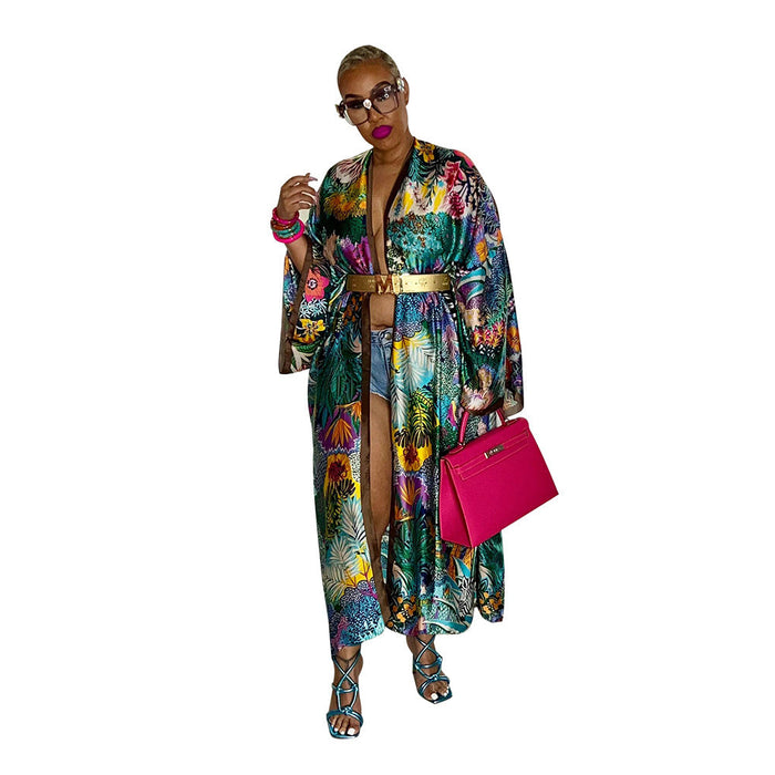 Color-Green-Coat Artificial Silk Multi Print Casual Trench Coat-Fancey Boutique