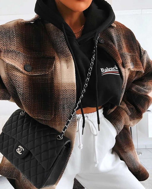 Color-Blogger Women Clothing Autumn Winter Collared Plaid Shacket Office Loose Single-Breasted Woolen Coat-Fancey Boutique