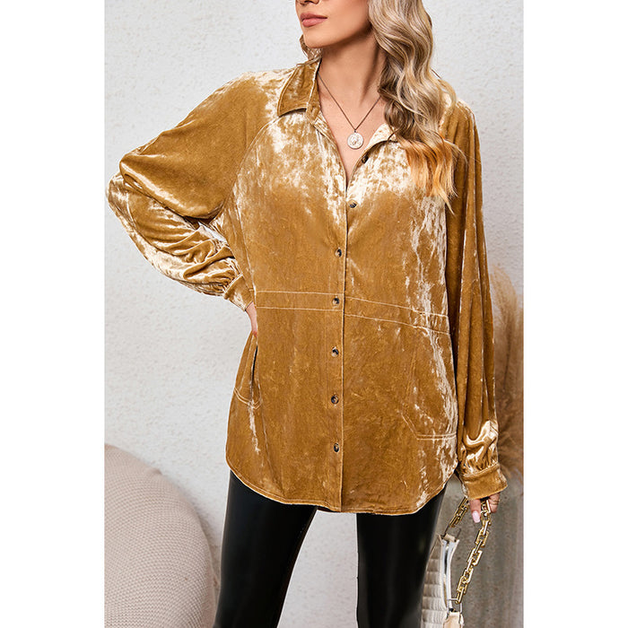 Color-Fall Solid Color Buttons Long-Sleeved Shirt for Women Loose Slim Fit Velvet Shirt for Women-Fancey Boutique