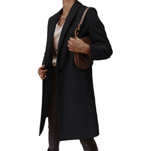 Color-Black-Autumn Winter Solid Color Collared Mid Length Button Woolen Coat Outerwear Women-Fancey Boutique
