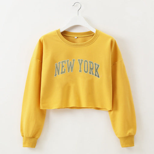 Color-Yellow-Women Clothing Autumn Winter York Letter Graphic Printing Short Loose Long Sleeves Sweater-Fancey Boutique