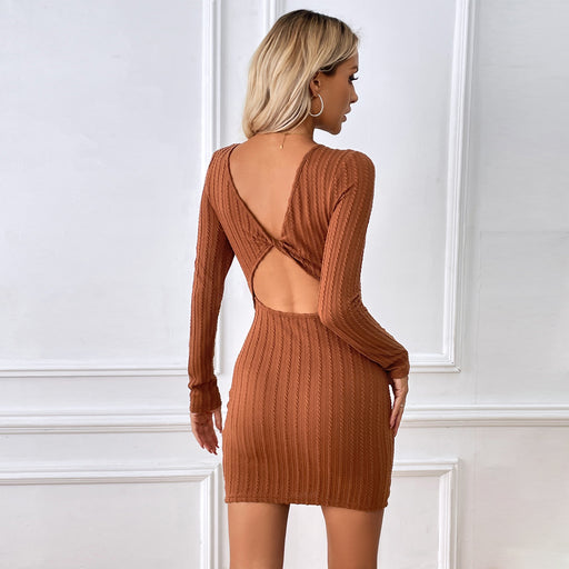 Color-Autumn Winter Slim Fit Elegant Texture Knitted Sexy Backless Sheath Dress-Fancey Boutique