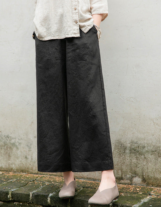 Color-Black-Spring Summer Cotton Linen Women Artistic Washed Lace up Linen Casual Straight Through Cropped Pants Women Cotton Linen Wide Leg Pants-Fancey Boutique