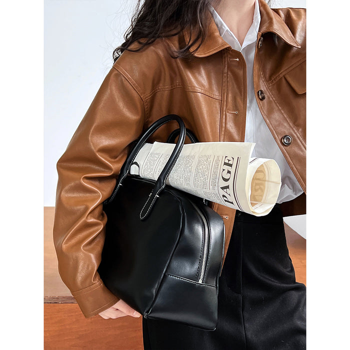 Color-Fashionable Fine Elegant Brown Profile Faux Leather Coat Women Fall Lapels Motorcycle Short Jacket Coat-Fancey Boutique