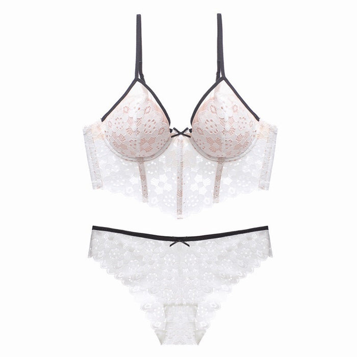 Color-White-Sexy Underwear Thin Cup Braces Vest Bra Push up Crocheted Lace Long Bra Set-Fancey Boutique
