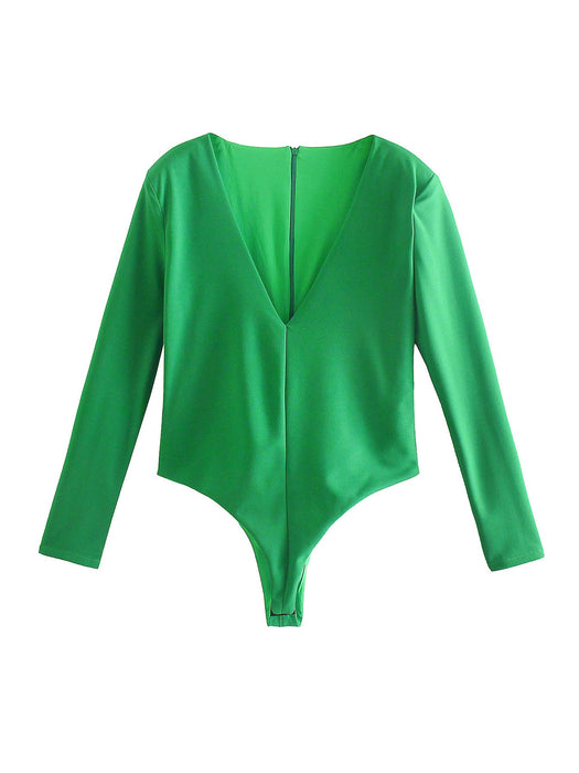 Color-Green-Autumn Casual Women Clothing Pullover V Tie Padded Shoulder Bodysuit-Fancey Boutique