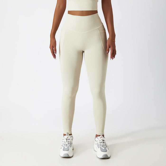 Color-Cream Apricot-Breathable Cloud Feeling High Waist Hip Lift Yoga Pants Outer Wear Pocket Tight Exercise Running Pants Drying Fitness Pants-Fancey Boutique