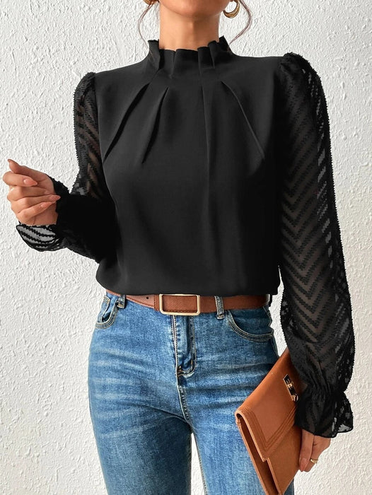 Color-Black-Women Clothing Autumn Winter Half Turtleneck Stitching Wave Pattern Chiffon Long Sleeve Top Women-Fancey Boutique