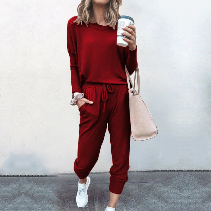 Color-Red-Autumn Winter Women Clothing Home Loose Fitting Solid Color Long Sleeves Casual sets Women-Fancey Boutique