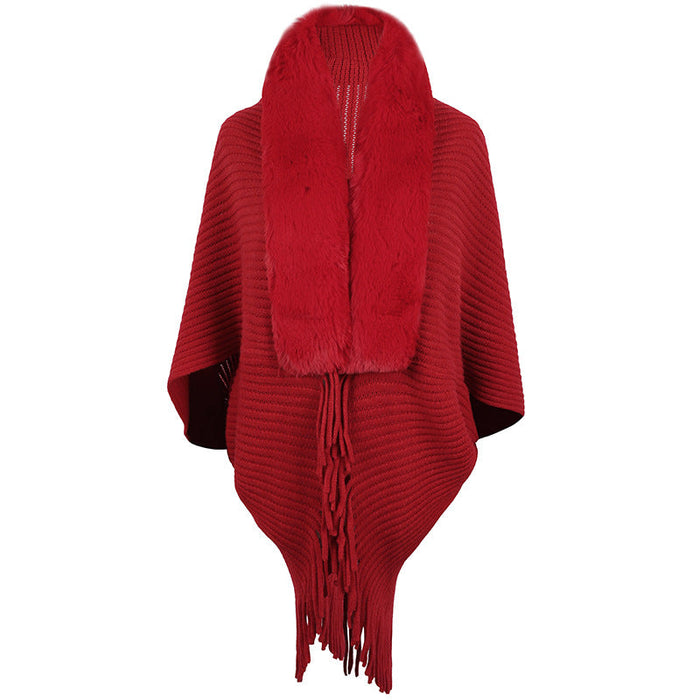 Color-Red-Autumn Winter Fur Collar Tassel Shawl Women Knitted Cape Coat-Fancey Boutique