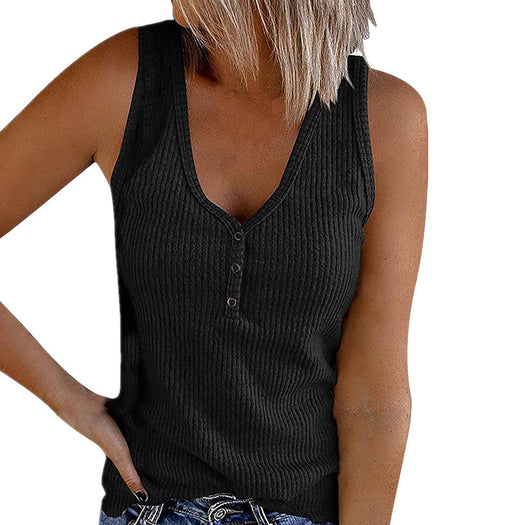 Color-Black-Summer Women Button Vest Solid Color V-neck Sleeveless T-shirt Top-Fancey Boutique