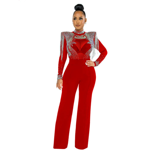 Color-Red-Sexy Casual Slim Fit Turtleneck See Through Rhinestone Tassel Jumpsuit Women-Fancey Boutique