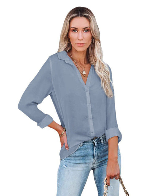 Color-Gray-Women Clothing Autumn Winter Casual Loose Long Sleeve Buckle V neck Shirt Top-Fancey Boutique